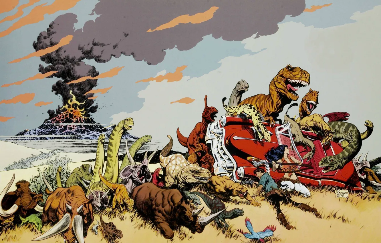 Фото обои динозавр, вулкан, извержение, мамонт, кадиллак, Cadillacs, Mark Schultz, dinosaurs
