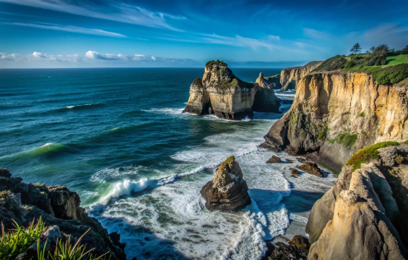 Фото обои море, волны, тучи, скалы, берег, waves, sea, ocean
