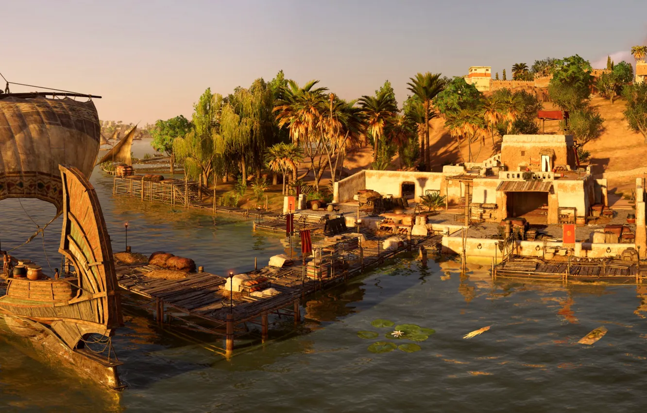 Фото обои река, корабль, Поселение, Египет, Assassin's Creed Origins