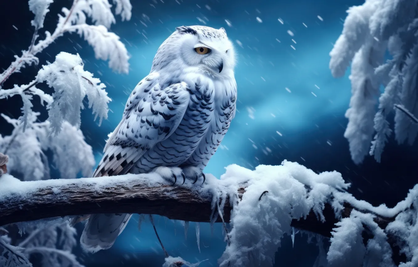 Фото обои зима, взгляд, снег, природа, сова, птица, белая, полярная сова