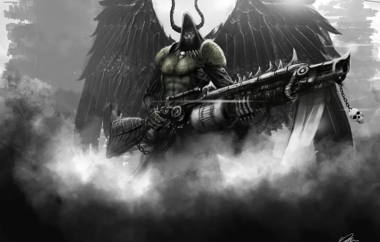 Фото обои оружие, крылья, арт, капюшон, рога, мужчина, огнемет, angel of death