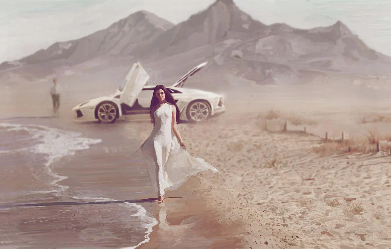 Фото обои море, машина, девушка, побережье, арт, парень, porsche