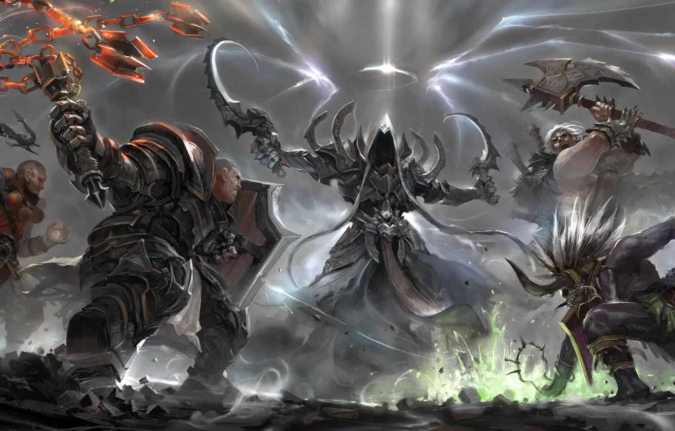 Фото обои оружие, арт, монах, битва, Diablo III, demon hunter, Witch Doctor, Barbarian