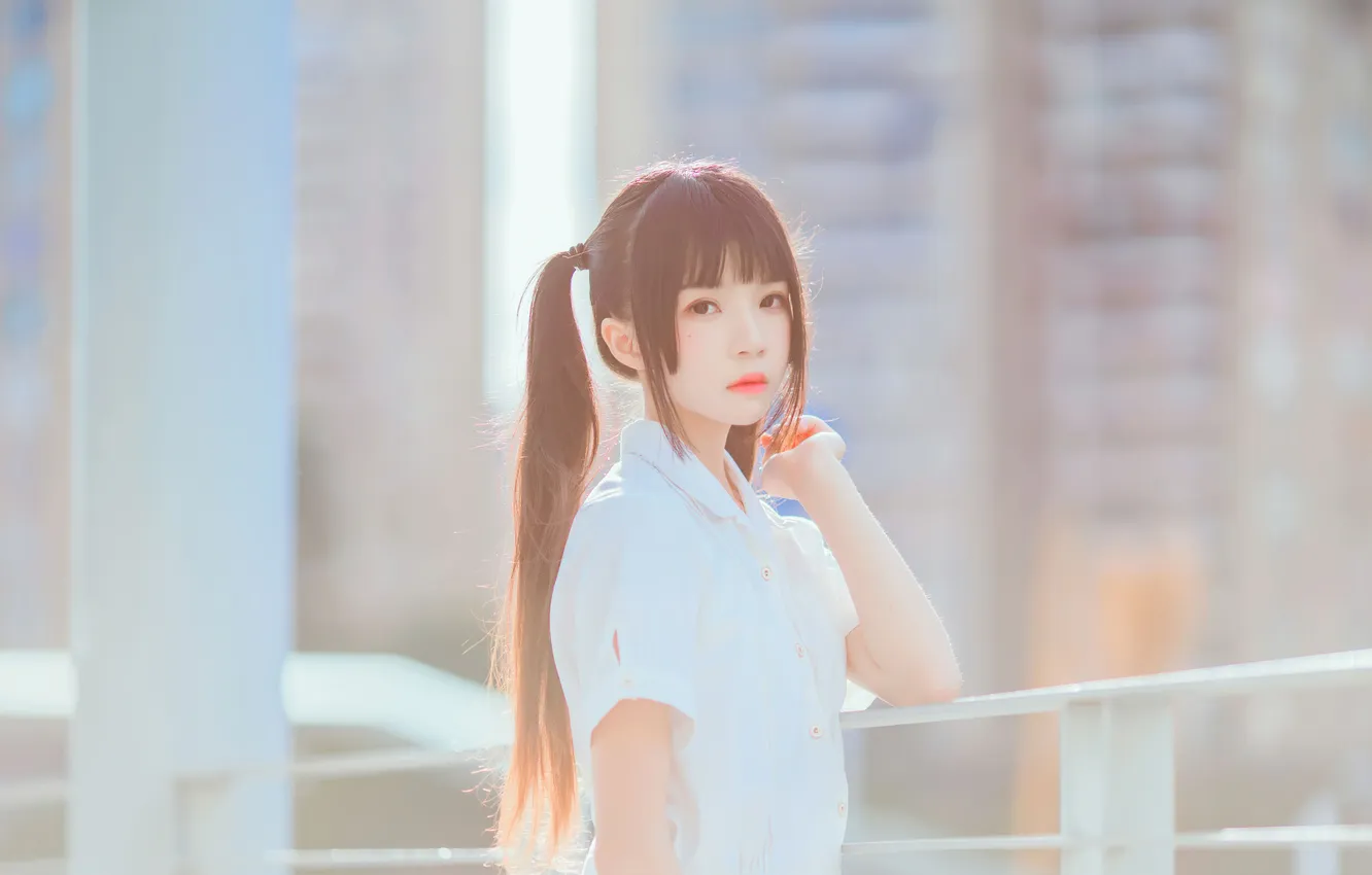 Фото обои City, Beautiful, Asian, Model, Woman, Building, Cute, Pretty
