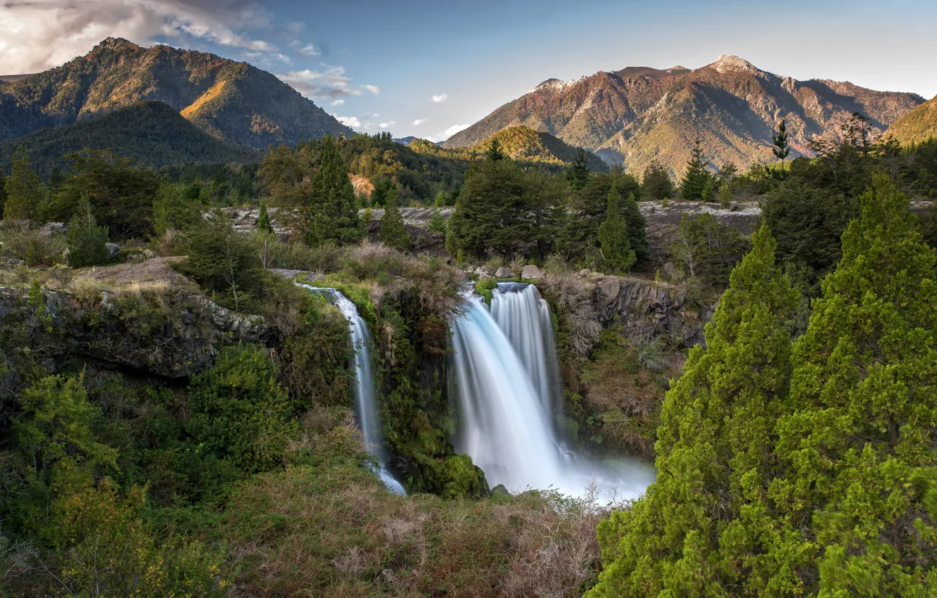 Фото обои лес, деревья, горы, ручей, камни, скалы, водопад, Чили