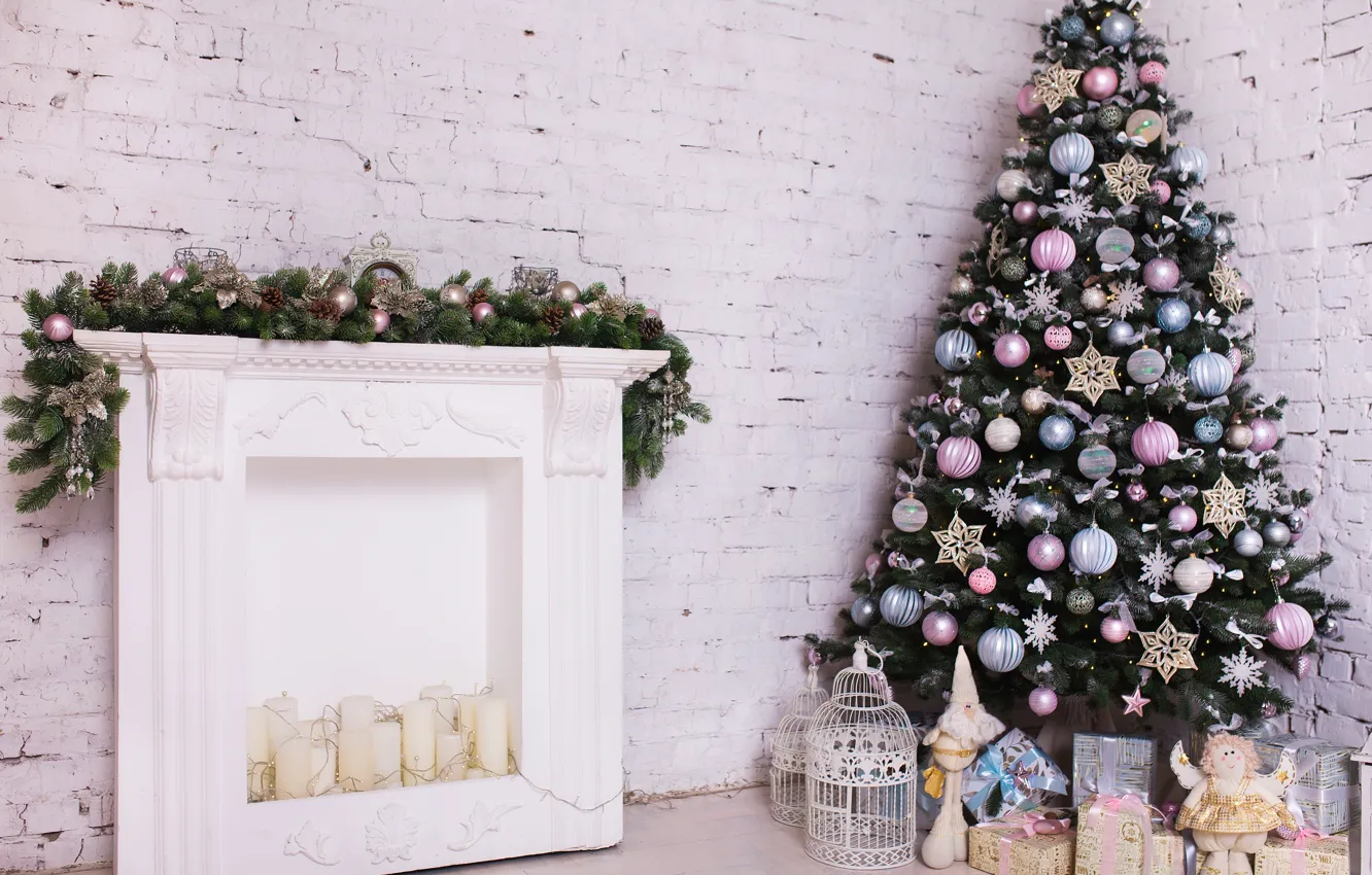 Фото обои украшения, комната, игрушки, елка, Новый Год, Рождество, white, Christmas
