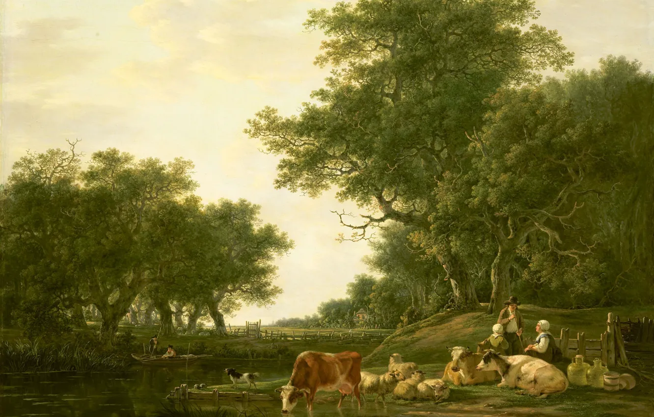 Фото обои дерево, масло, картина, Якоб ван Стрий, Пейзаж с Крестьянами со Скотом и Рыбаком на Воде