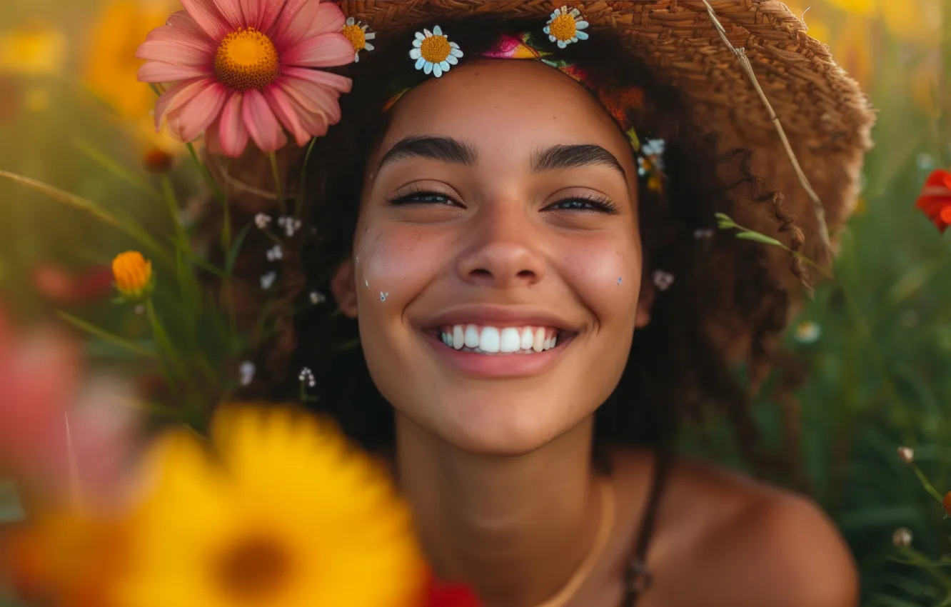 Фото обои лето, трава, взгляд, девушка, радость, цветы, желтый, природа