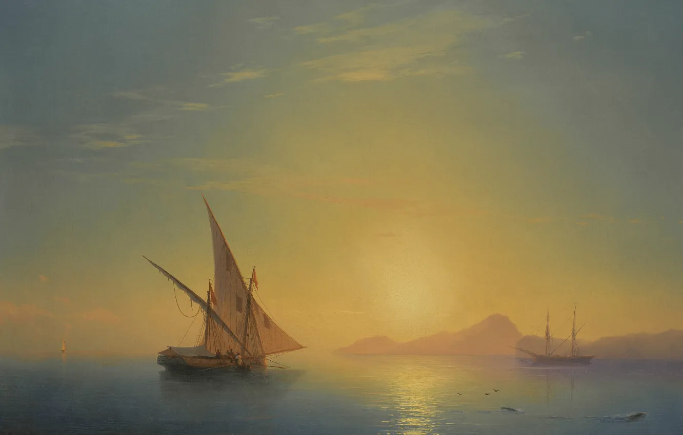Фото обои лодка, картина, парус, морской пейзаж, 1857, Иван Айвазовский, Закат над Островом Искья