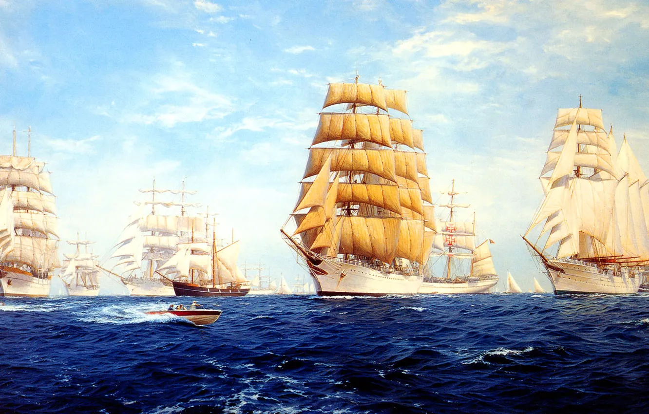 Фото обои море, волны, небо, облака, корабль, парусник, парад, J. Steven Dews