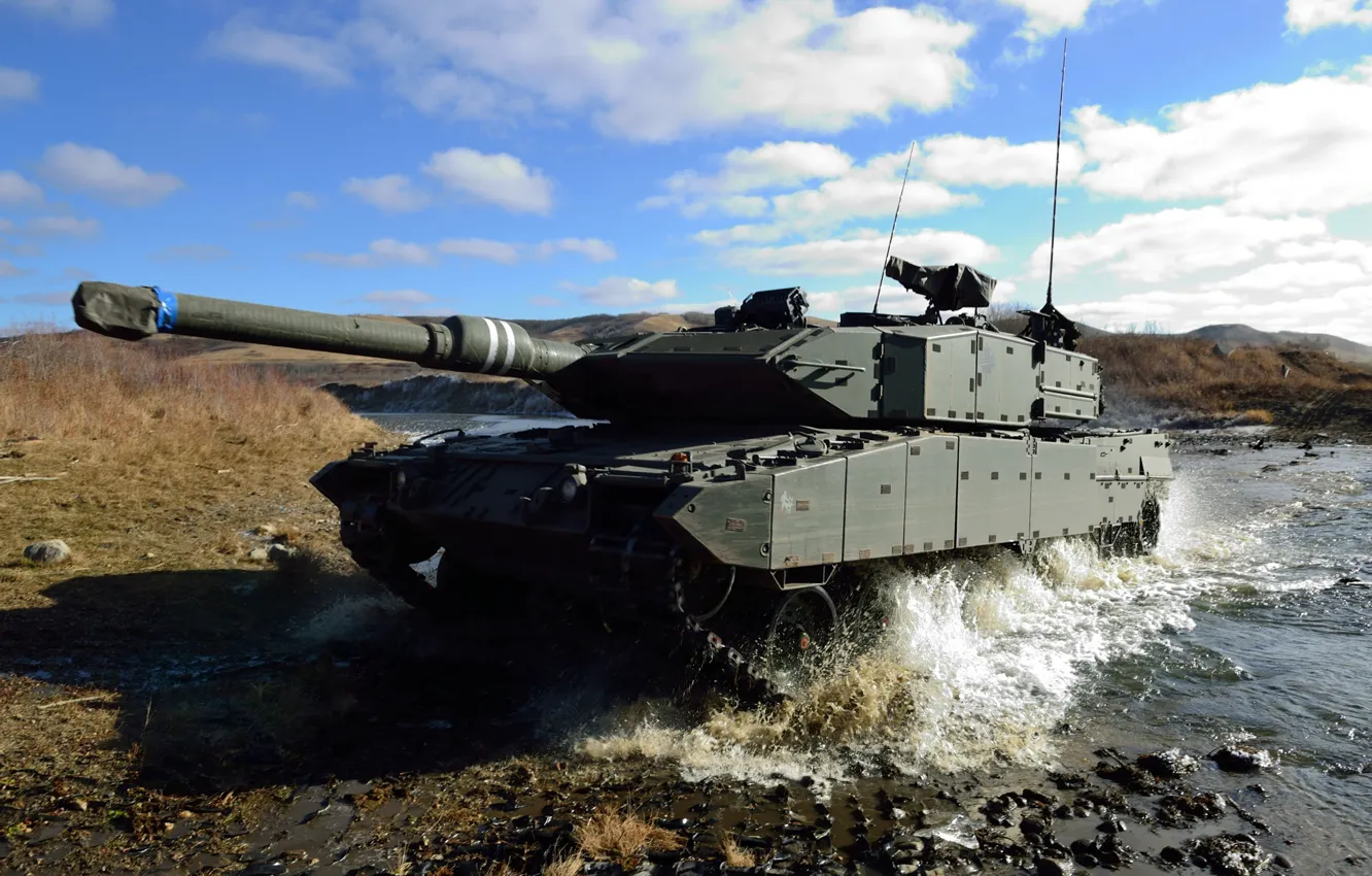 Фото обои небо, брызги, река, танк, боевой, Leopard 2А6, «Леопард 2A6»