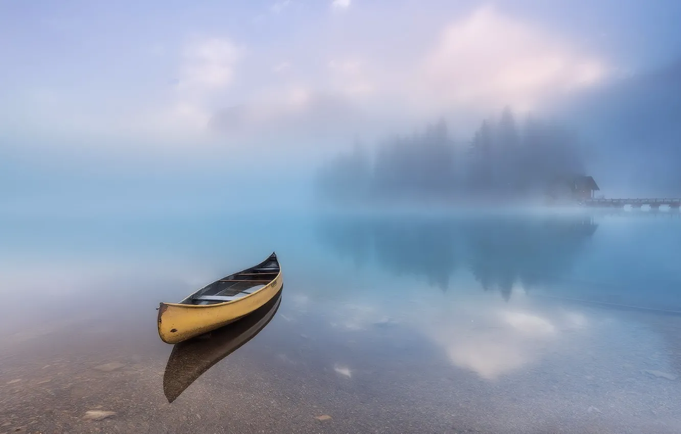 Фото обои вода, туман, лодка, тишина, покой