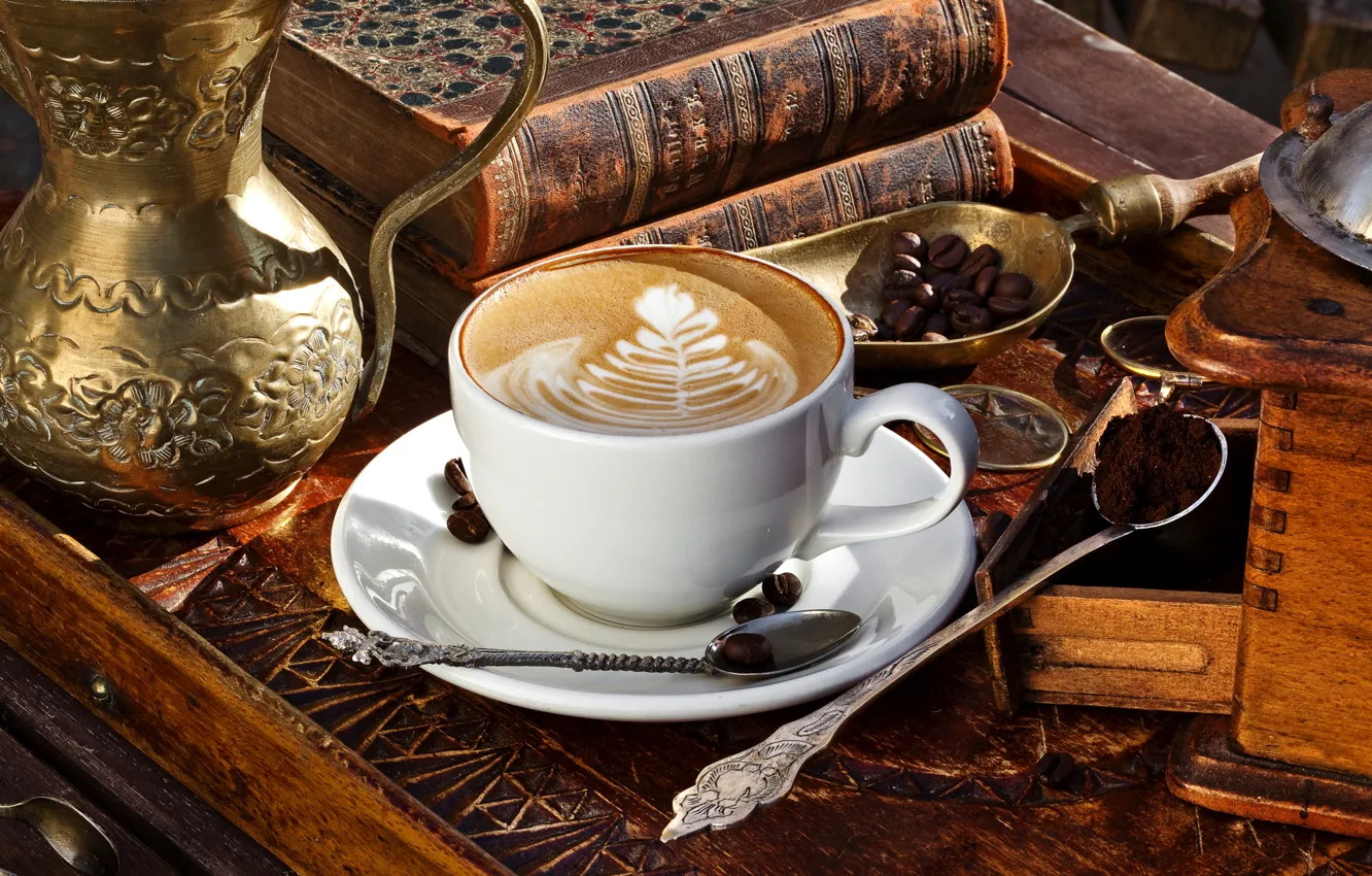 Фото обои пена, узор, книги, кофе, зерна, чашка, напиток, капучино