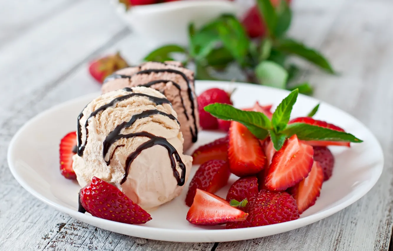 Фото обои шарики, ягоды, шоколад, клубника, тарелка, мороженое, мята, десерт