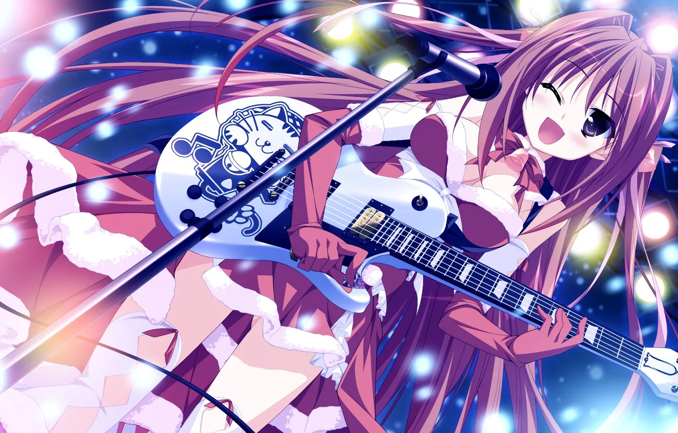 Фото обои девушка, снег, гитара, арт, микрофон, колокольчики, подмигивание, natsume otona