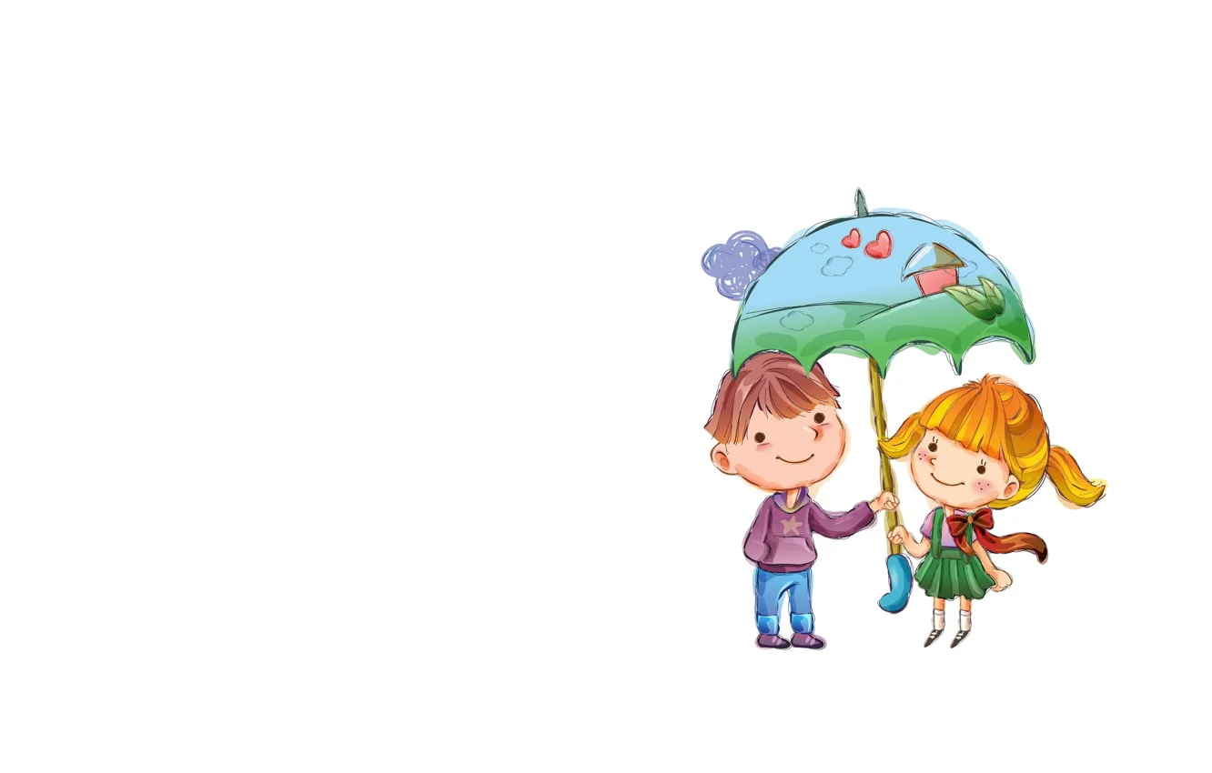 Фото обои зонтик, фон, мальчик, арт, дружба, девочка
