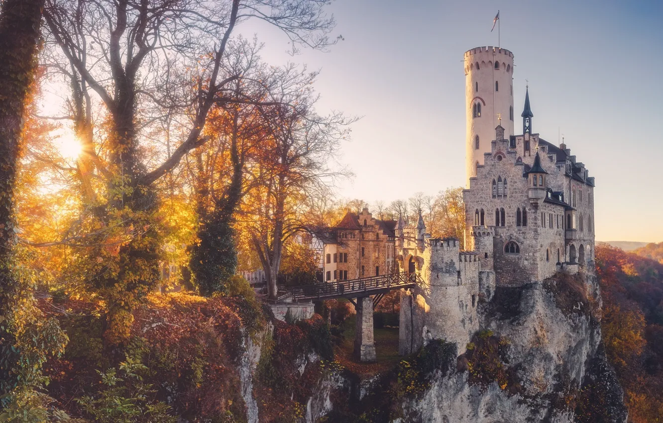 Фото обои осень, свет, замок, Германия, дымка