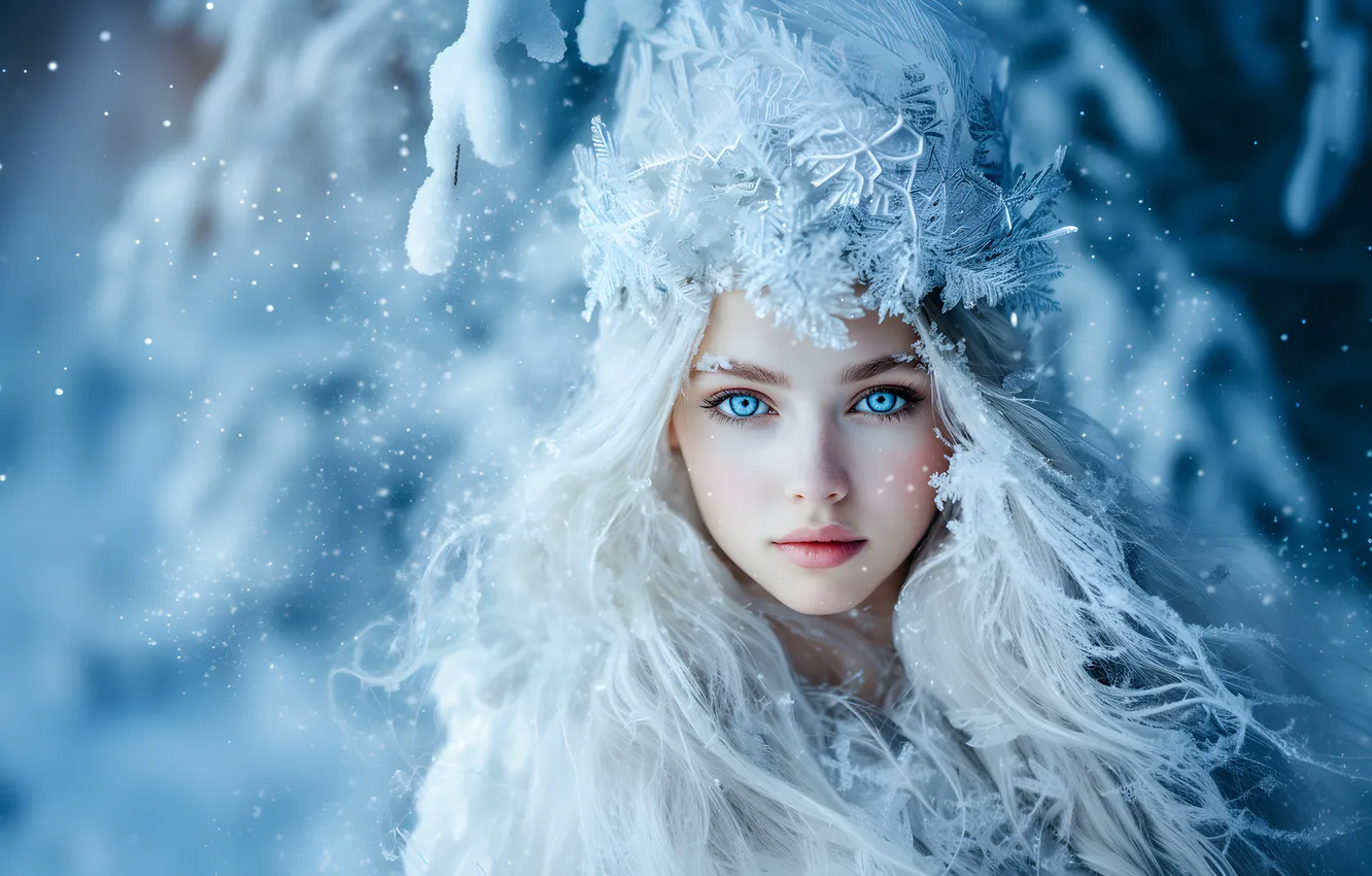 Фото обои зима, лес, взгляд, девушка, снег, природа, портрет, корона