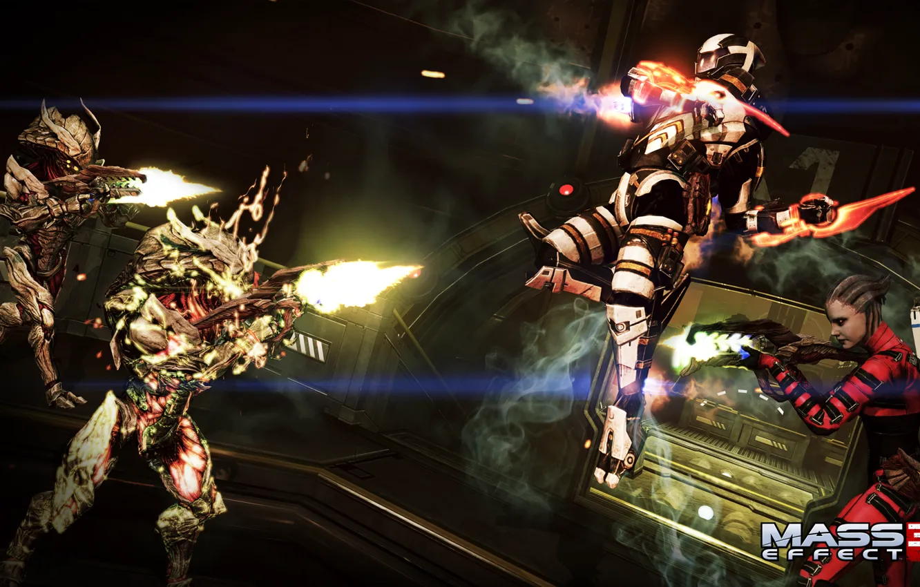 Фото обои Mass Effect 3, азари, дополнение &quot;Возмездие&quot;, турианец солдат Опустошитель, коллекционеры, DLC Retaliation