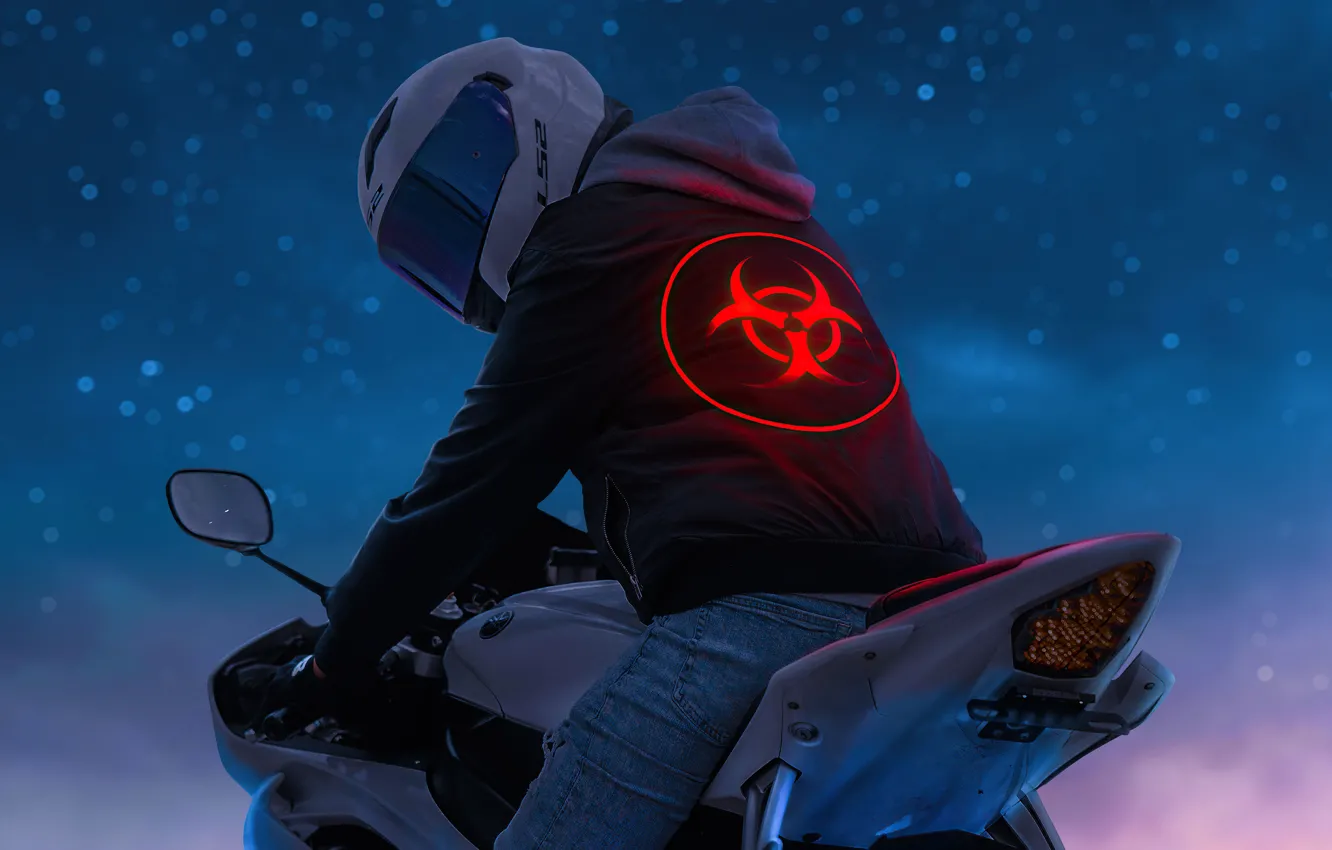 Фото обои ночь, мотоцикл, шлем, байкер, гонщик, night, motorcycle, размытый фон