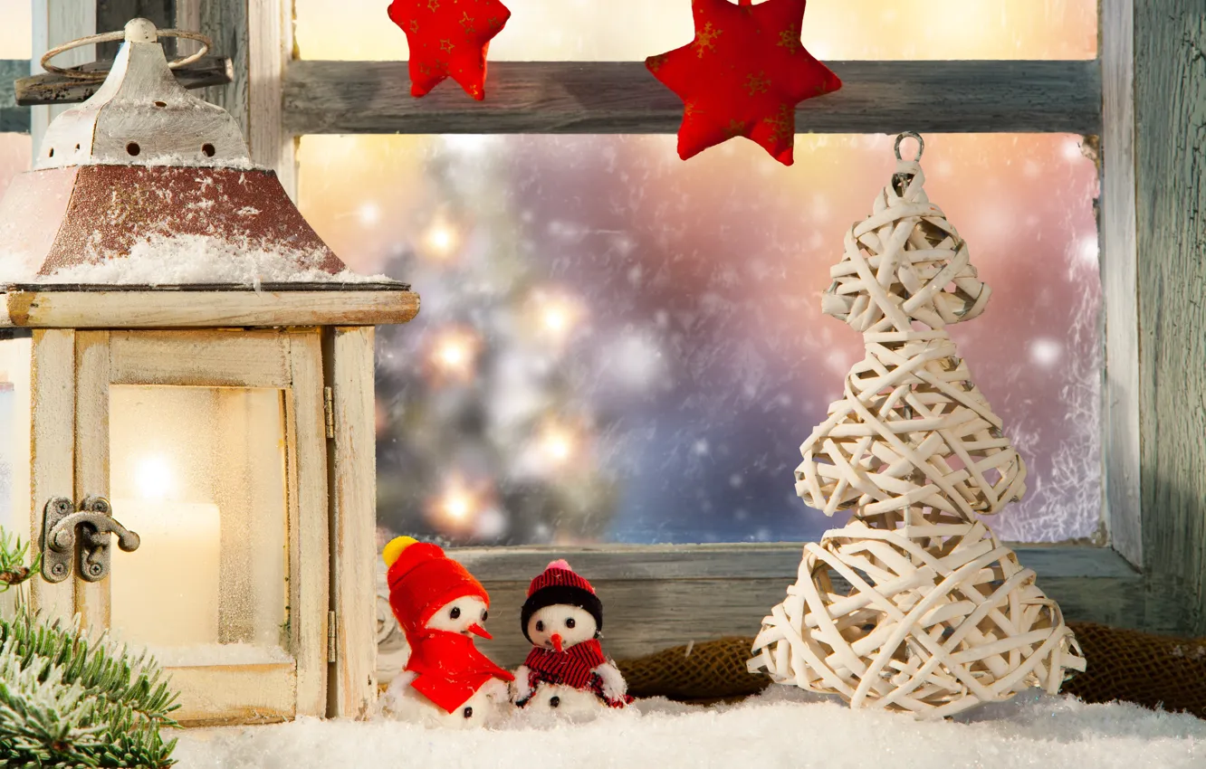 Фото обои зима, снег, украшения, Новый Год, окно, Рождество, подарки, Christmas