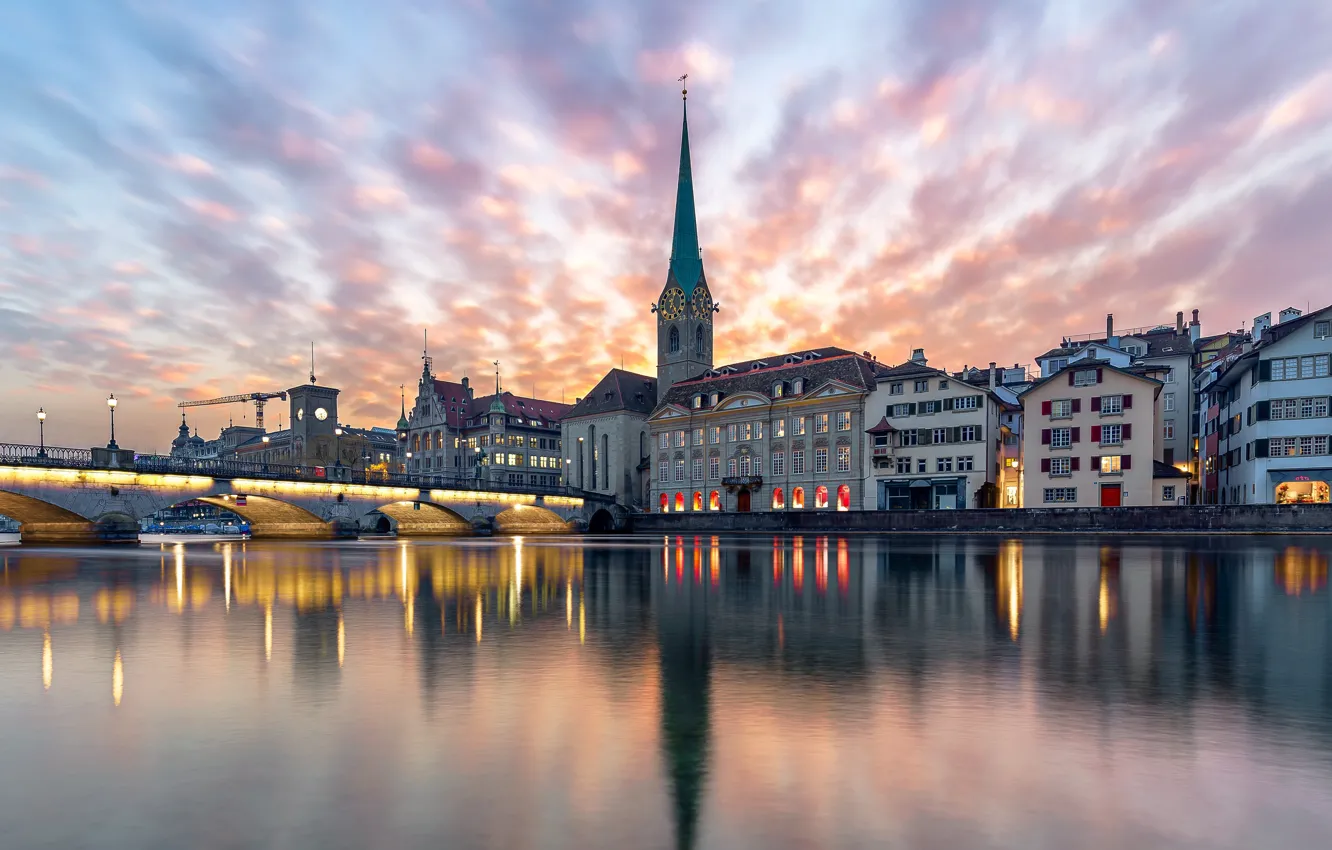 Фото обои city, lights, river, sky, Switzerland, bridge, sunset, water