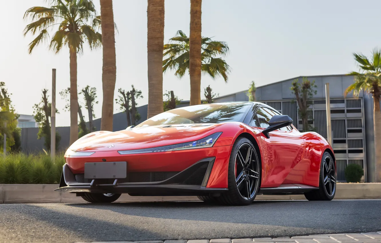 Фото обои пальмы, суперкар, supercar, вид спереди, Aion, экстерьер, 2023, Aion Hyper SSR