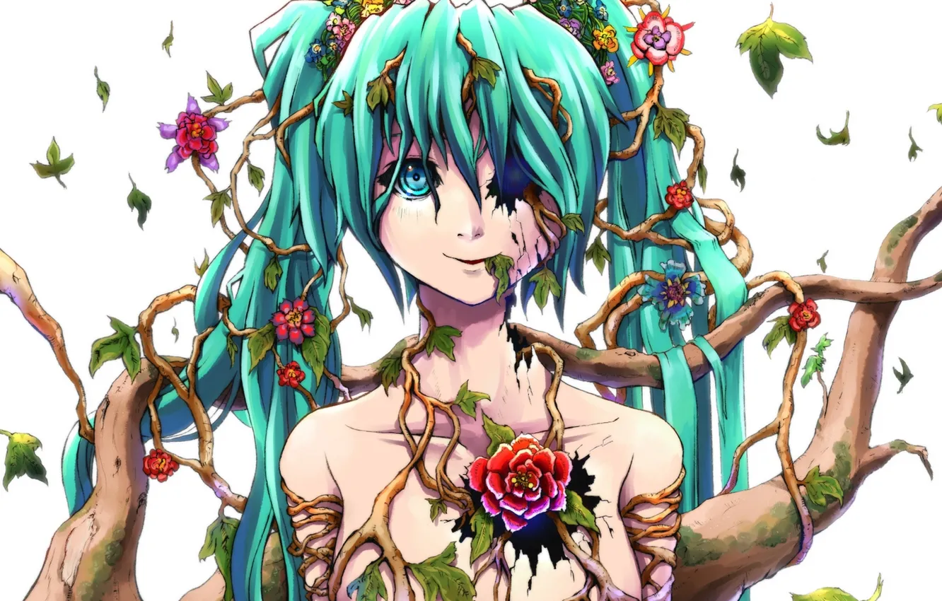 Фото обои листья, девушка, цветы, корни, арт, vocaloid, hatsune miku, вокалоид