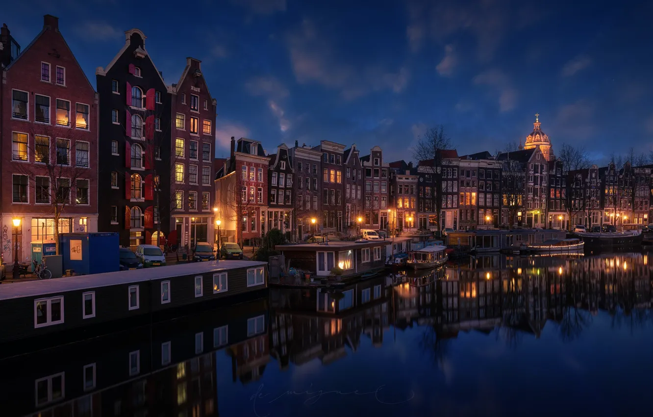 Фото обои город, огни, вечер, Амстердам, канал, Нидерланды