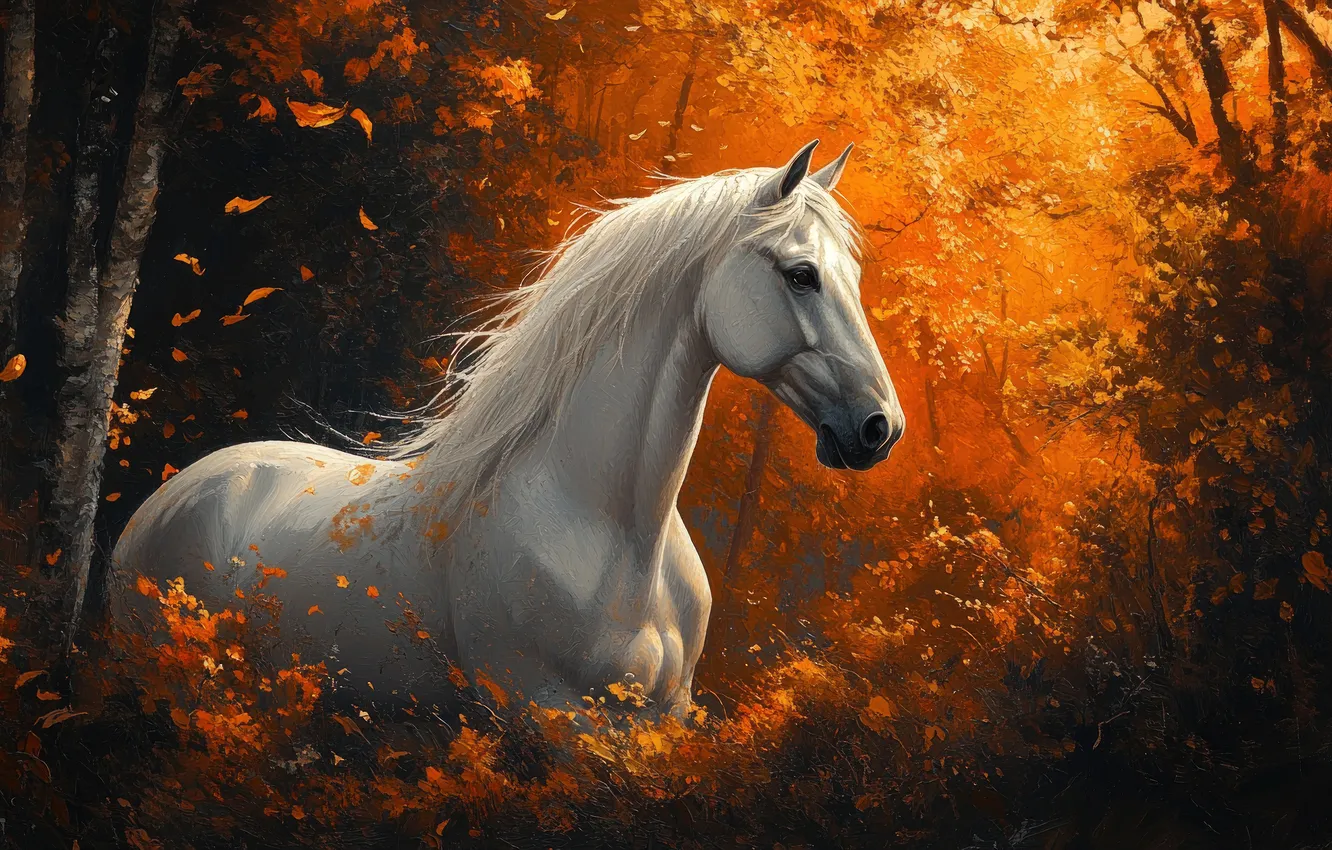 Фото обои осень, лес, белый, взгляд, морда, свет, деревья, ветки