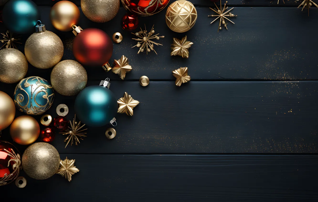 Фото обои украшения, темный фон, шары, Новый Год, Рождество, dark, golden, new year