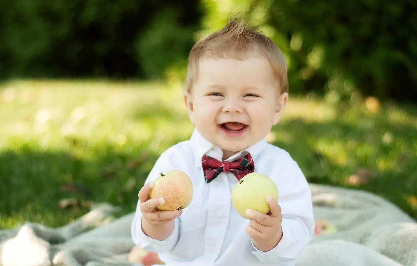 Фото обои улыбка, бабочка, яблоки, ребенок, смех, мальчик
