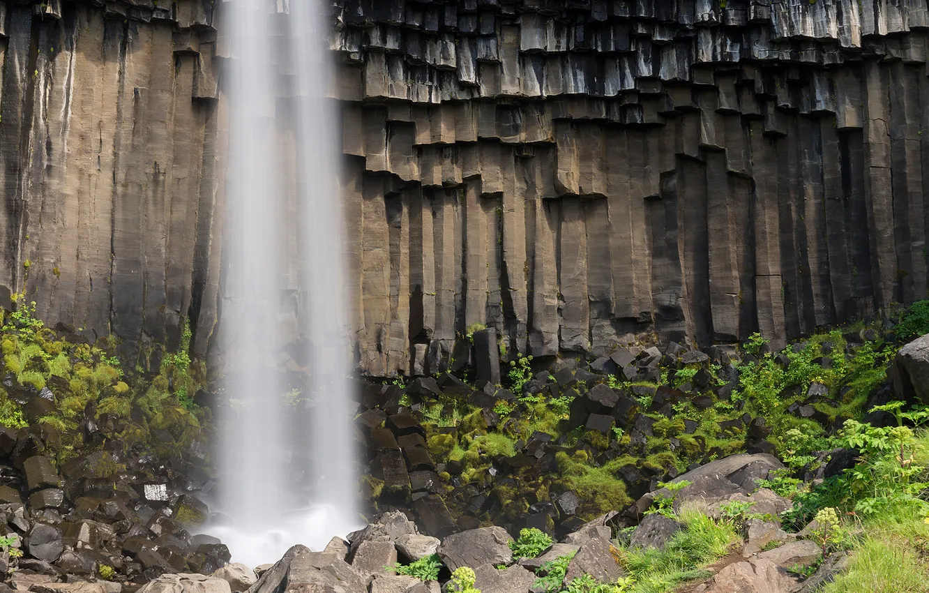 Фото обои скала, водопад, поток, растения