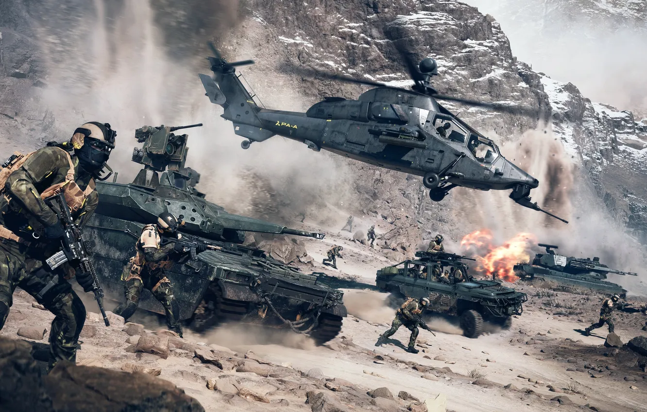 Фото обои горы, солдаты, танк, вертолёт, Battlefield, video game, EA Games, Battlefield 6