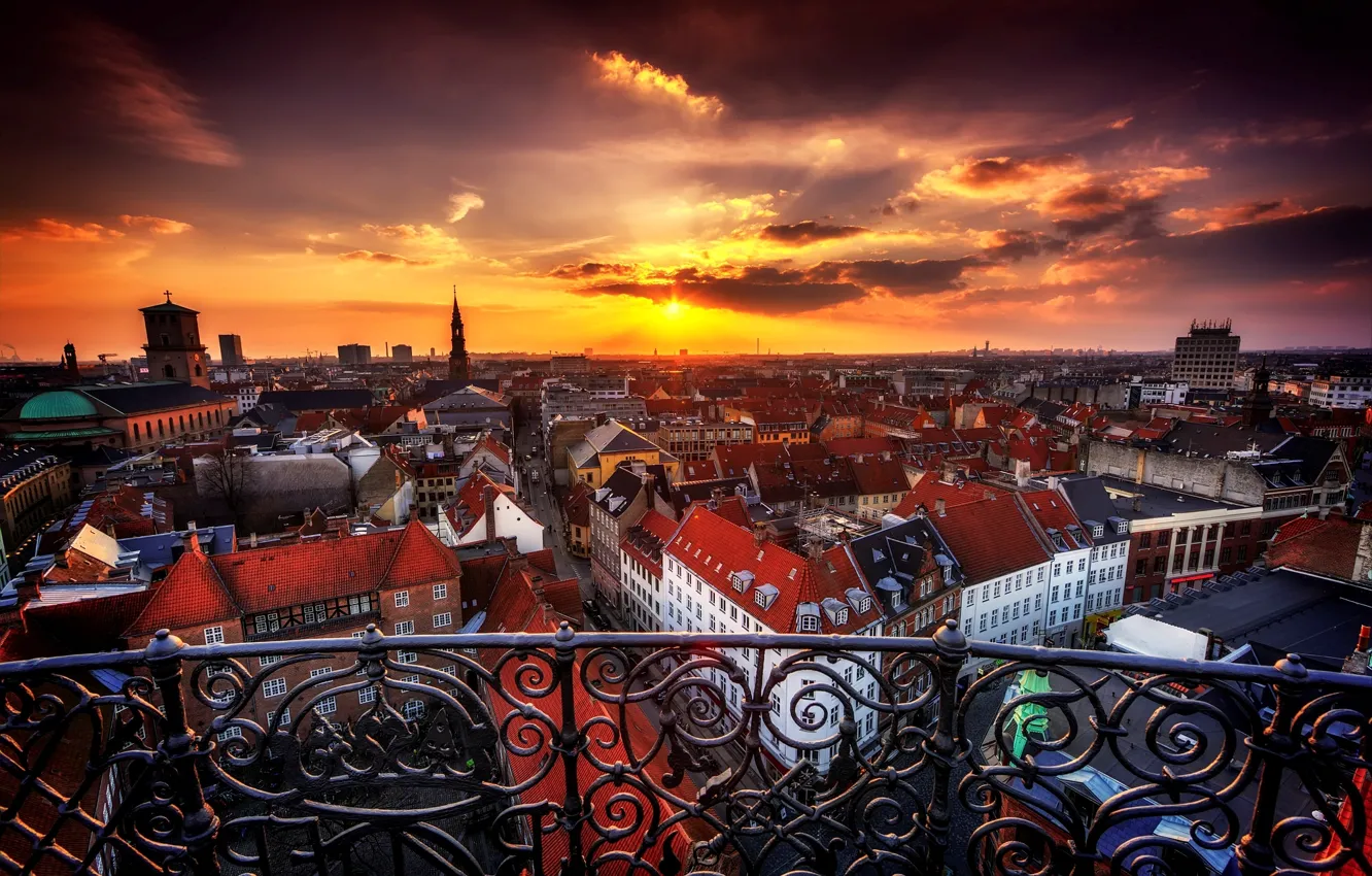Фото обои закат, город, здания, дома, вечер, Дания, панорама, Copenhagen