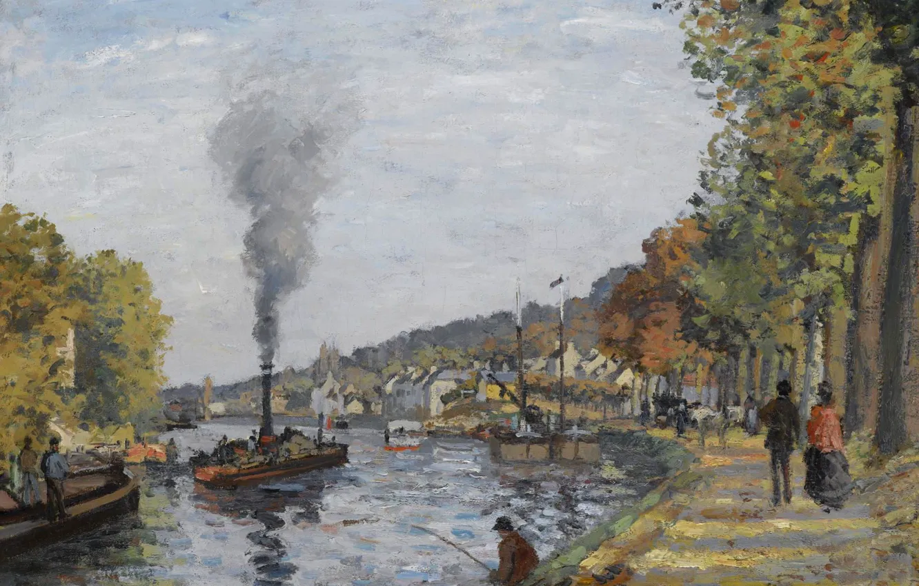 Фото обои река, дым, корабль, рыбак, пароход, Camille Pissarro, Сена в Буживале, Камиль Писсарро