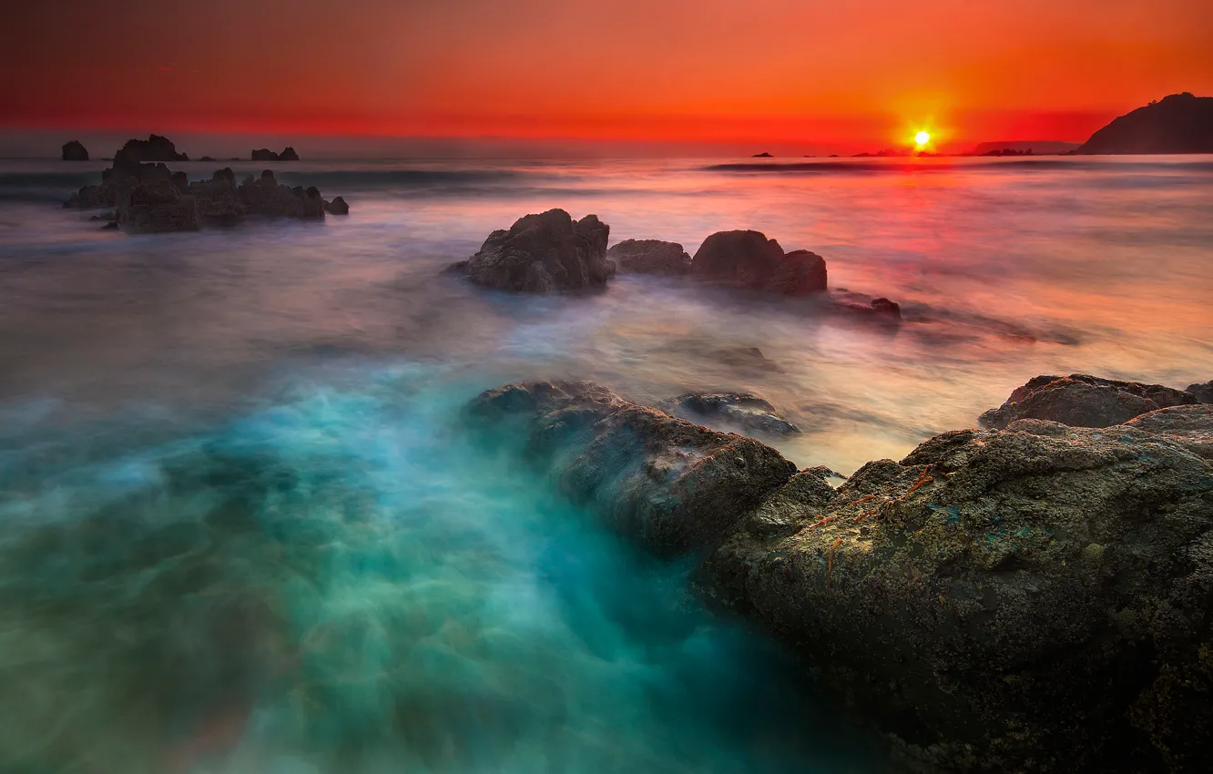 Фото обои море, небо, солнце, закат, камни, скалы