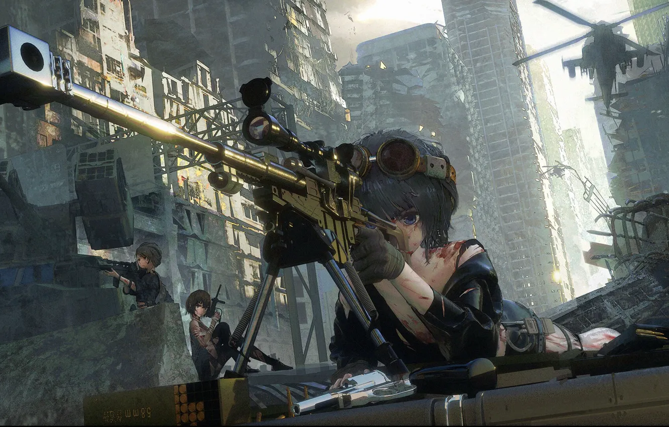 Фото обои пистолет, пулемет, снайпер, патроны, перестрелка, военная форма, барикады, разрушенный город