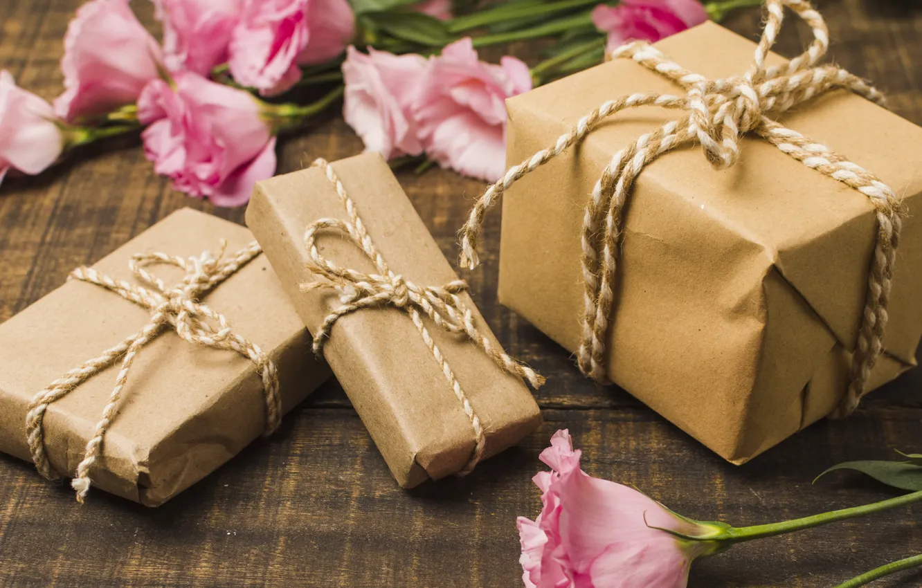 Фото обои цветы, розовый, подарок, pink, flowers, эустома, gift box, eustoma