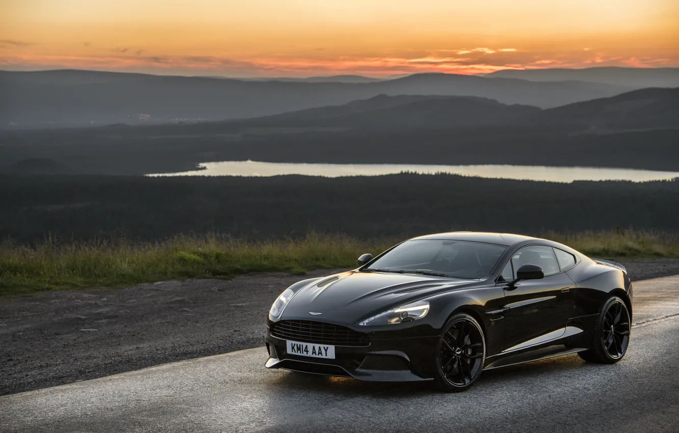 Фото обои закат, Aston Martin, вечер, астон мартин, Vanquish, ванквиш, 2014, Carbon Black