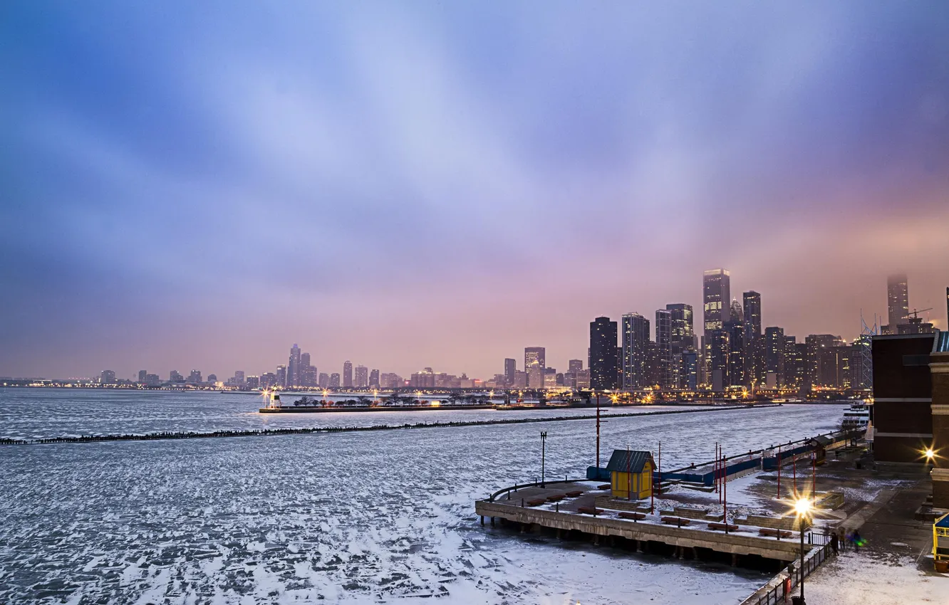 Фото обои зима, снег, небоскребы, Чикаго, USA, Chicago, мегаполис, illinois