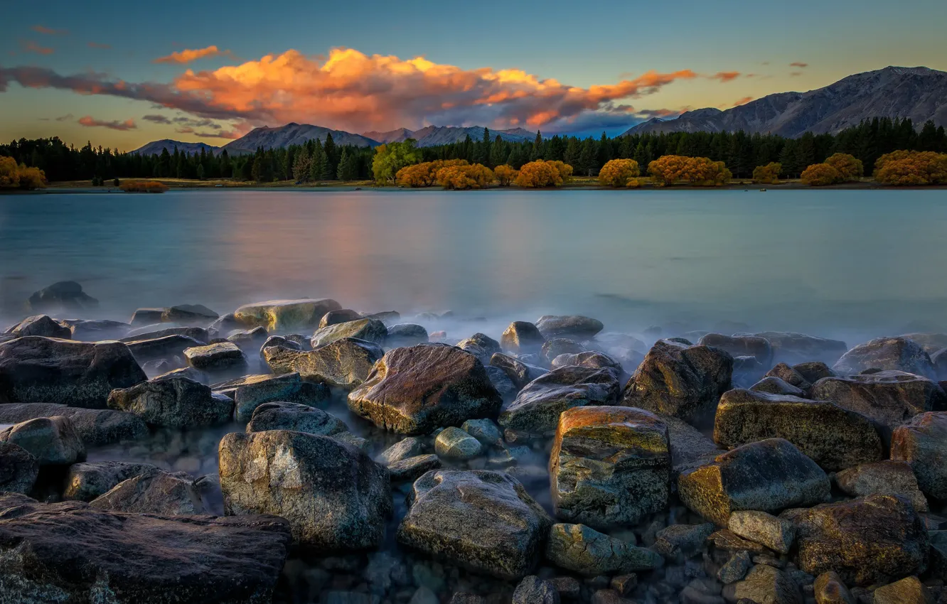 Фото обои деревья, пейзаж, горы, природа, озеро, камни, Новая Зеландия, леса
