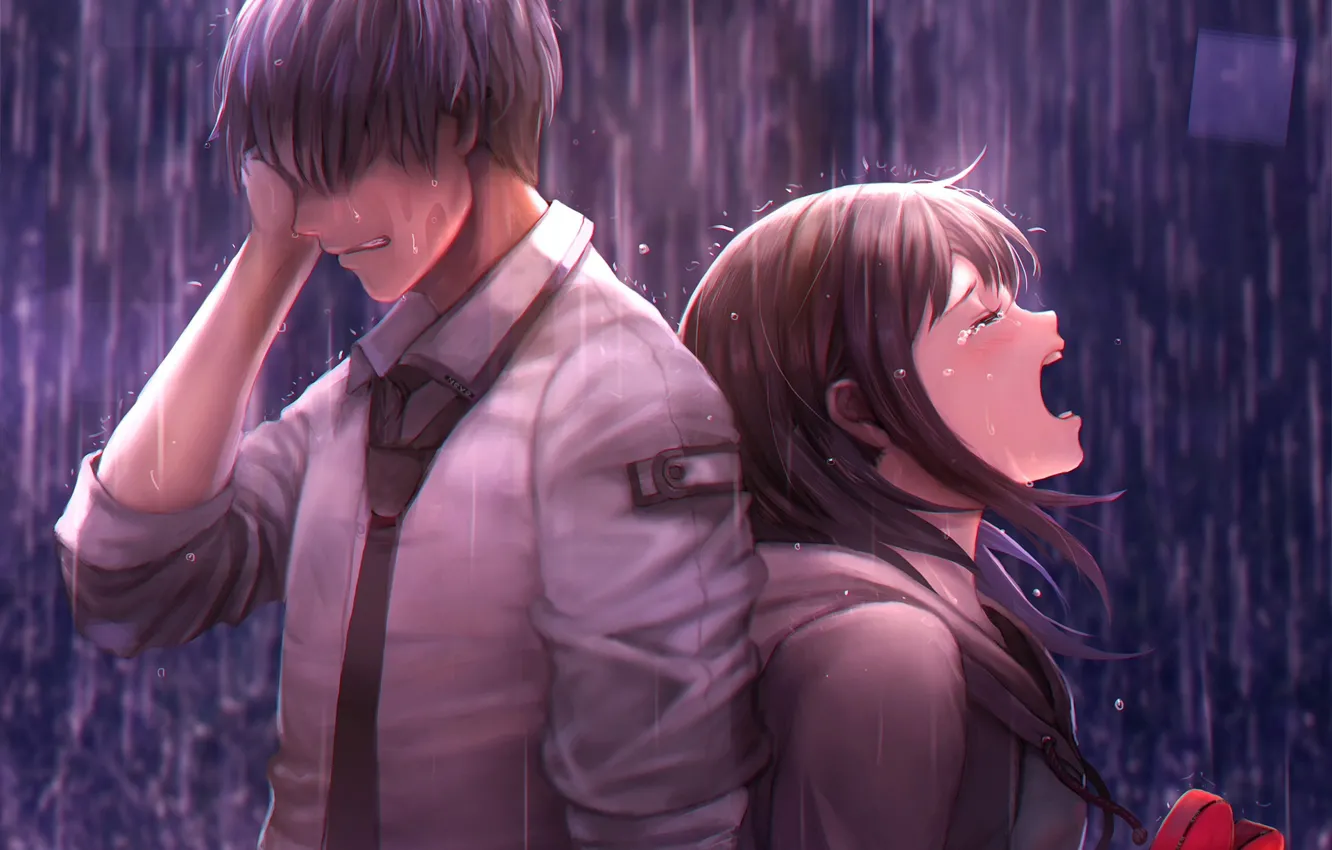 Фото обои девушка, дождь, парень, двое, слёзы