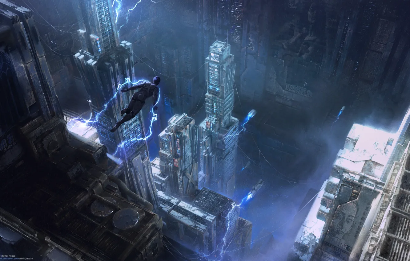 Фото обои полет, город, здания, Icarus City