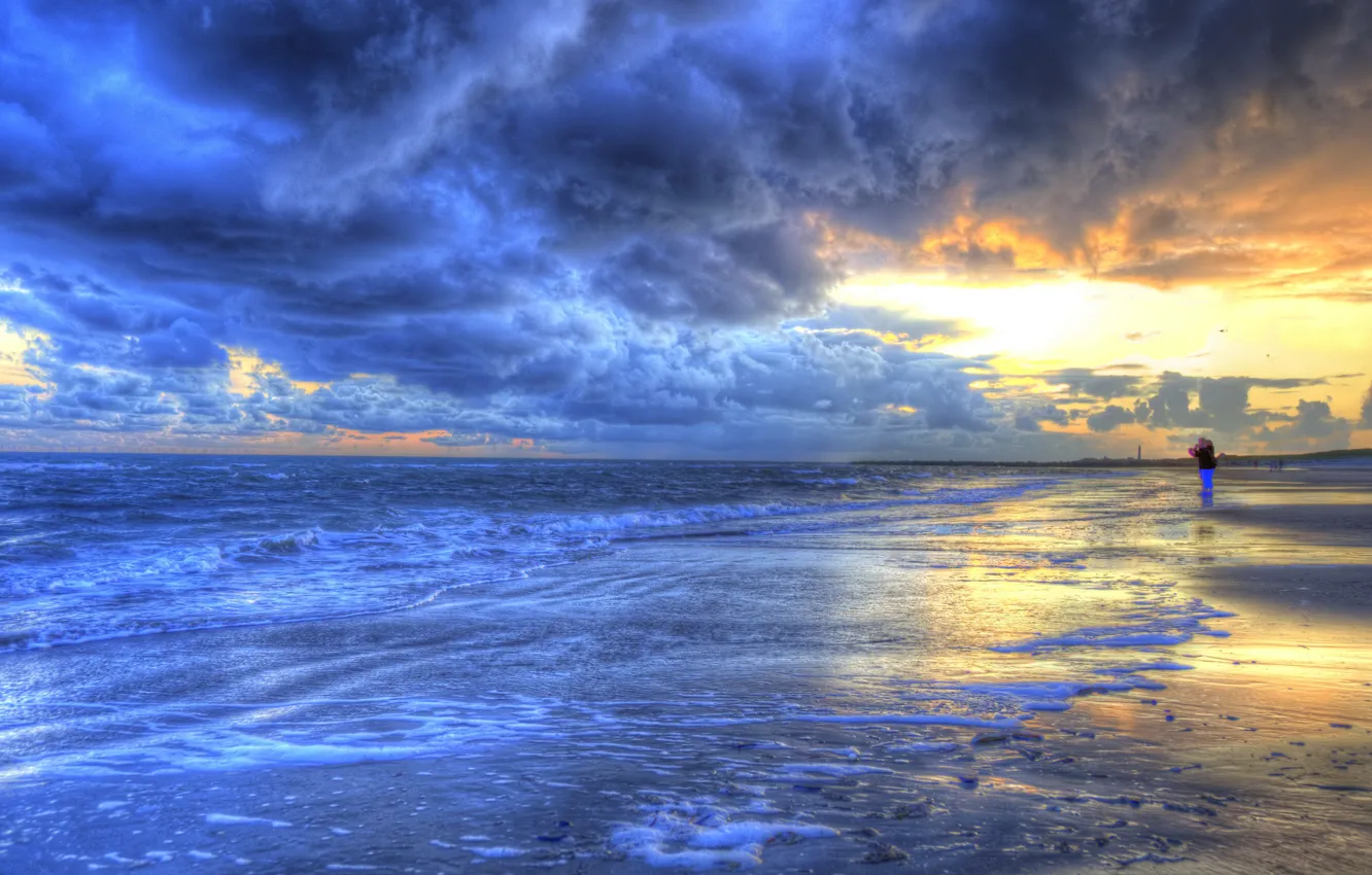 Фото обои море, небо, закат, берег