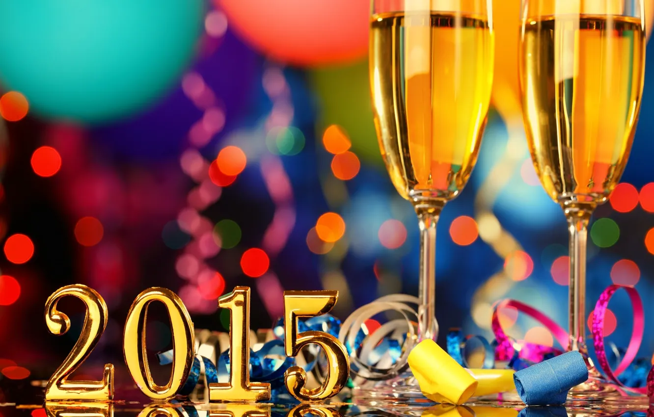 Фото обои новый год, бокалы, шампанское, серпантин, 2015