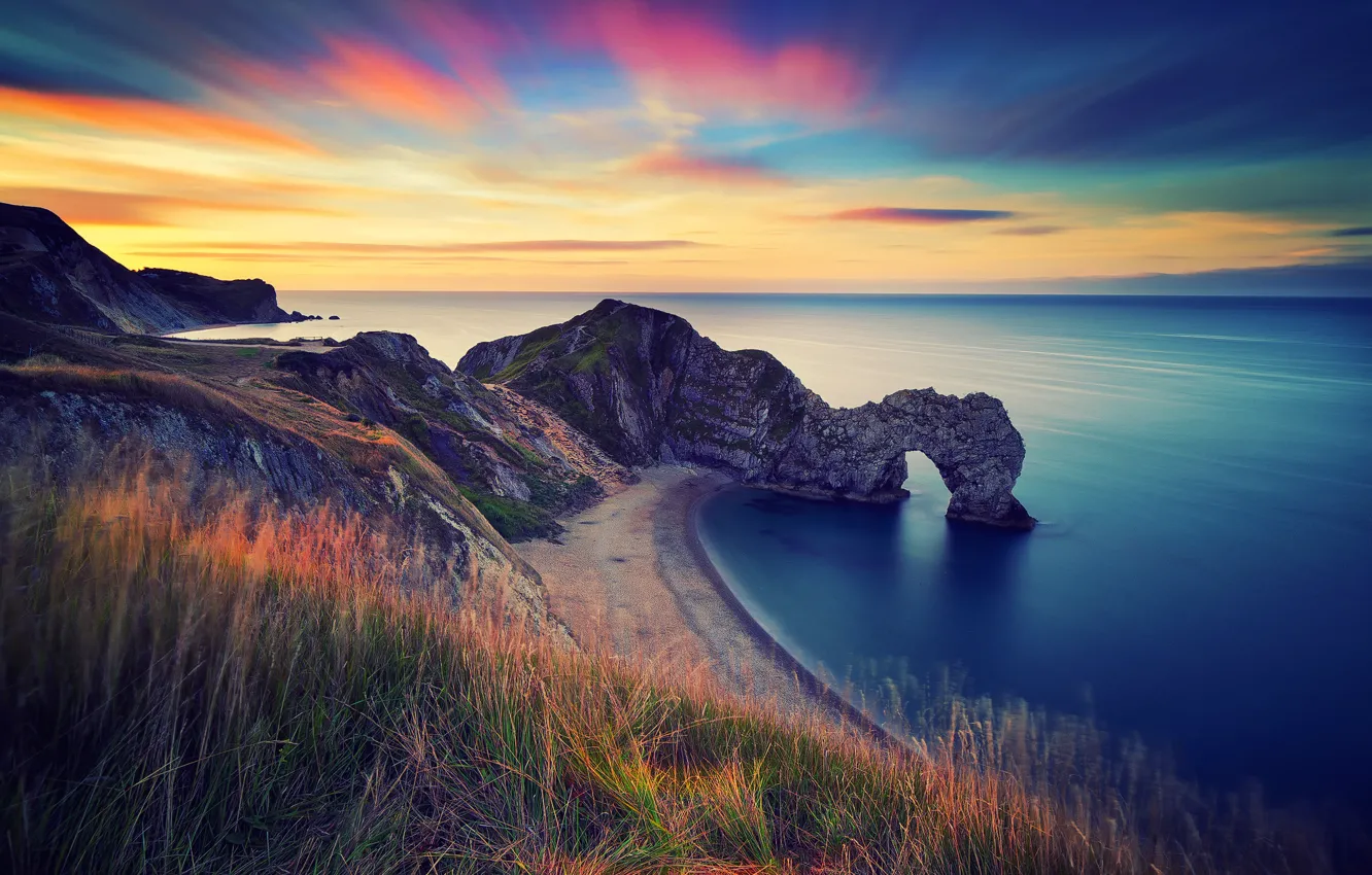 Фото обои море, скалы, Англия, утро, арка, durdle door