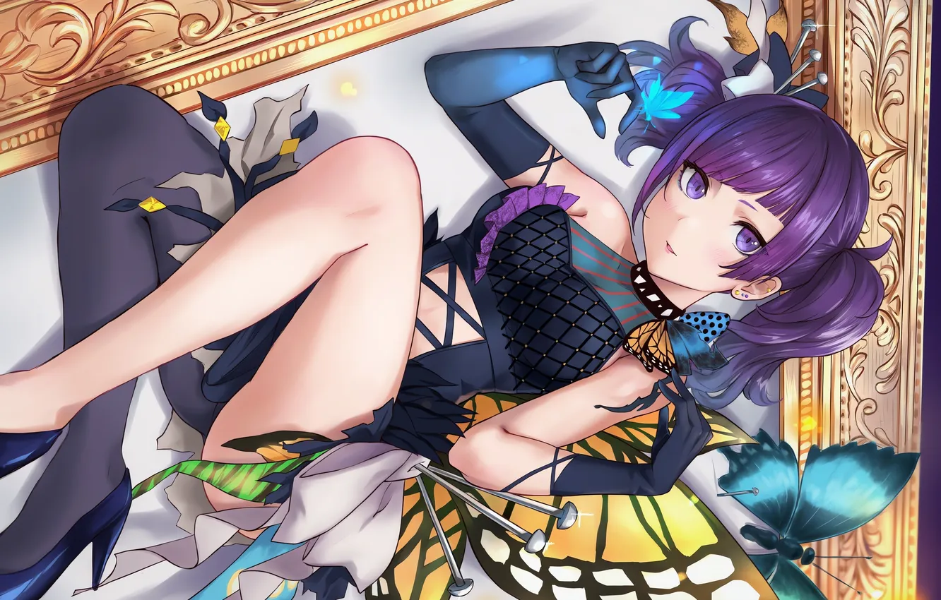 Фото обои girl, sexy, legs, anime, butterfly, beautiful, twintails, short hair