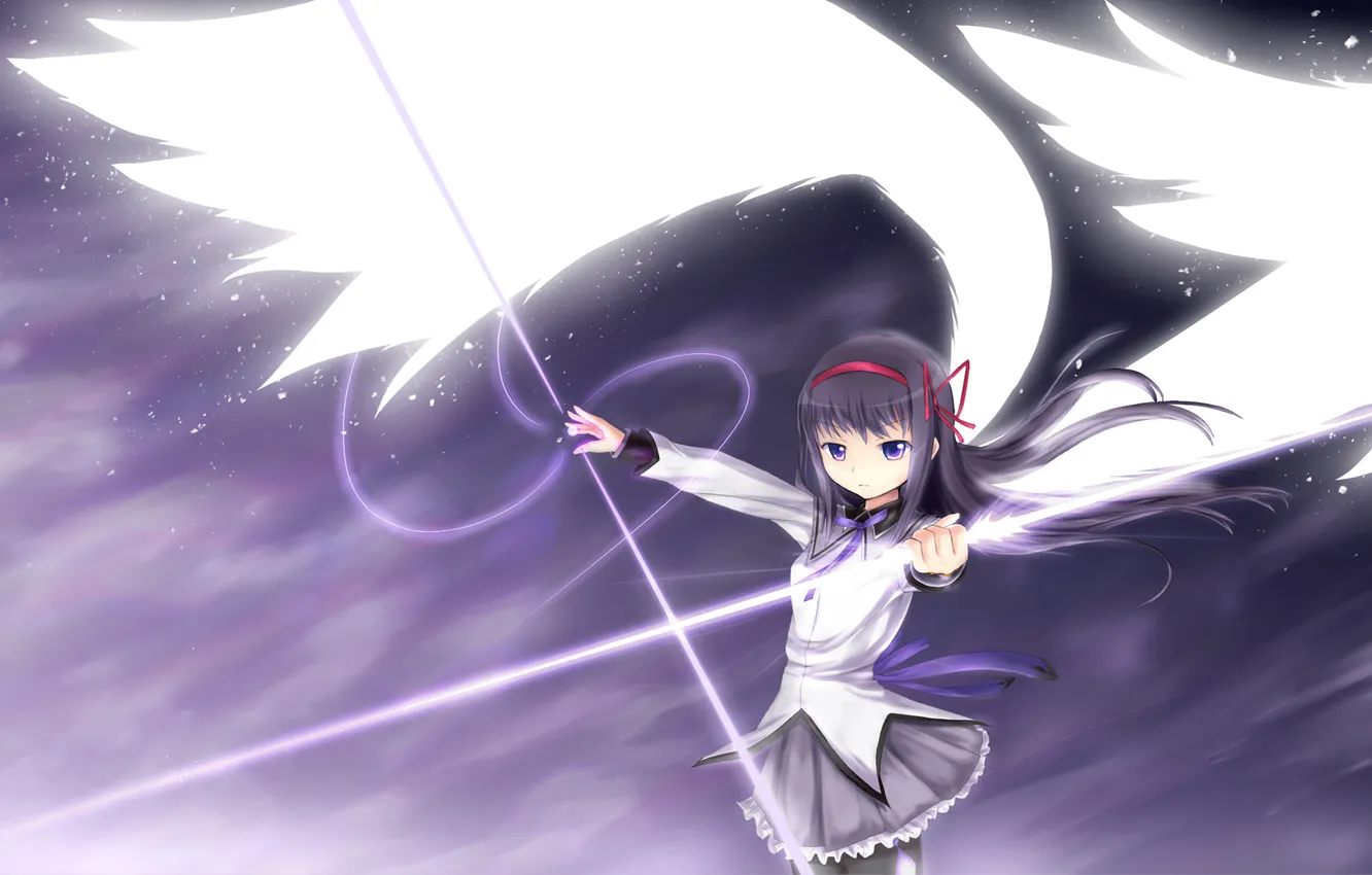 Фото обои оружие, крылья, аниме, арт, девочка, бант, mahou shoujo madoka magica, akemi homura