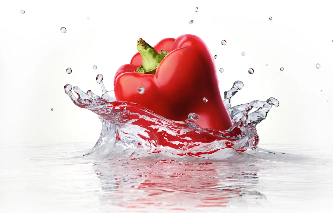 Фото обои вода, брызги, белый фон, water, красный перец, white background, red pepper sprays